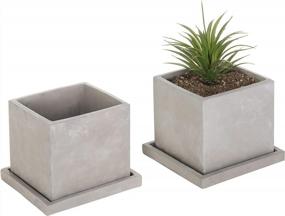 img 4 attached to MyGift 5-Inch Square Cement Plant Pot With Drainage, Small Flower Succulent Planters With Removable Saucer Trays, Set Of 2