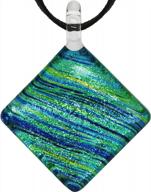 hand-blown glass pendant necklace for women - square aurora colored stripes in green and blue - adjustable length from 16 to 18 inches logo