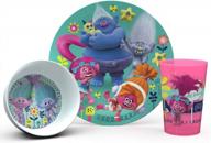 zak designs trolls movie kids dinnerware sets, 3 piece logo