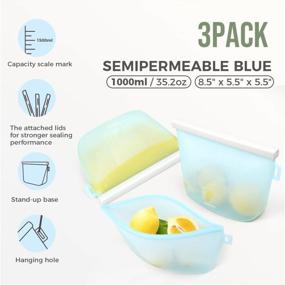 img 1 attached to ZOMCHI Reusable Silicone Food Storage Bags, BPA Free Food Storage Containers, Leakproof Freezer Bags For Meat, Fruit, Veggies, Sandwich, Snack, Liquid, Travel Item (3 Pack, 1000Ml, Blue)