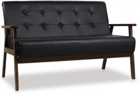 img 1 attached to Mid-Century Modern Faux Leather Loveseat Sofa Couch 2-Seat Wood Armchair Living Room/Outdoor Lounge Chair, 50”W Black - JIASTING