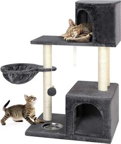 img 4 attached to 🐱 Premium Grey Cat Tree Cat Condo: Multi-Level Towers with Scratching Posts, Fur Ball, Feeding Bowl - Ideal Pet Activity Center for Climbing, Play, and Rest