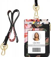 vertical floral id badge holder with lanyard - features 1 clear id window, 4 credit card slots, and detachable neck lanyard for easy identification logo