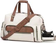 stylish leather weekender travel bag for women with shoe compartment - cluci duffel bag in beige and brown for carry-on travel logo