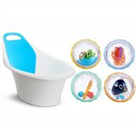 munchkin sit and soak baby bath tub with 4pk float and play bubbles bath toy logo