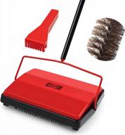 jehonn carpet floor sweeper manual with horsehair, non electric quite rug roller brush push for cleaning pet hair, loose debris, lint (red) logo