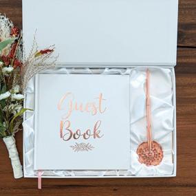 img 3 attached to 🌸 Rose Gold LEMON SHERBET Wedding Guest Book with Pen and Holder - Photo Album Sign-in - Hard Cover, 32 Thick White Pages, Rose Gold Gilded Edges