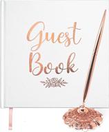 🌸 rose gold lemon sherbet wedding guest book with pen and holder - photo album sign-in - hard cover, 32 thick white pages, rose gold gilded edges logo