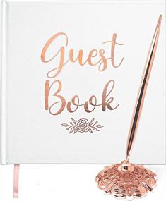 img 4 attached to 🌸 Rose Gold LEMON SHERBET Wedding Guest Book with Pen and Holder - Photo Album Sign-in - Hard Cover, 32 Thick White Pages, Rose Gold Gilded Edges