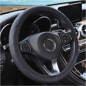 img 4 attached to Enhanced Comfort and Style: Black/Blue Leather Car Steering Wheel Cover - Non-Slip Universal 15" Protector for Cars, SUVs & Vehicles, Ideal Interior Accessory for Men and Women