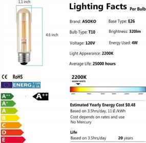 img 2 attached to Винтажные светодиодные лампы накаливания T10: теплый свет 2200K, 4 Вт янтарного цвета, регулируемая яркость, идеально подходят для настольных ламп и подвесных дисплеев