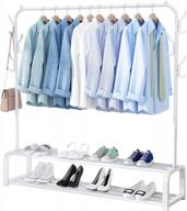white freestanding garment rack with top rod, lower storage, and 6 hooks by udear logo