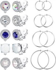img 4 attached to 9Pairs Clip On Earrings For Women Opal Faux Pearl Cubic Zirconia Non Piercing Spring Hoop Set - Loyallook