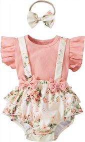 img 4 attached to Summer Floral Outfits For Newborn Baby Girls: Ruffle Sleeve Ribbed T-Shirt, Suspender Shorts, And Headband Ensemble