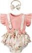 summer floral outfits for newborn baby girls: ruffle sleeve ribbed t-shirt, suspender shorts, and headband ensemble logo