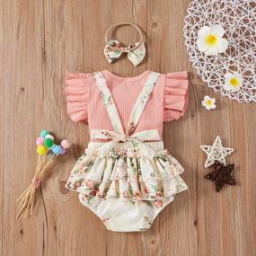 img 1 attached to Summer Floral Outfits For Newborn Baby Girls: Ruffle Sleeve Ribbed T-Shirt, Suspender Shorts, And Headband Ensemble