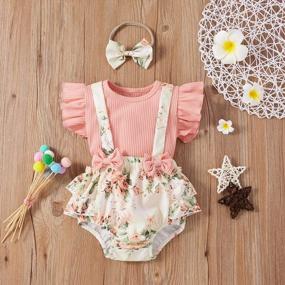 img 2 attached to Summer Floral Outfits For Newborn Baby Girls: Ruffle Sleeve Ribbed T-Shirt, Suspender Shorts, And Headband Ensemble