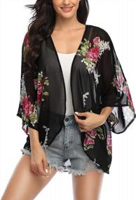 img 3 attached to Women'S 3/4 Sleeve Floral Kimono Cardigan | Sheer Loose Shawl Capes | Chiffon Beach Cover-Up Blouse Tops