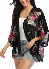 img 1 attached to Women'S 3/4 Sleeve Floral Kimono Cardigan | Sheer Loose Shawl Capes | Chiffon Beach Cover-Up Blouse Tops