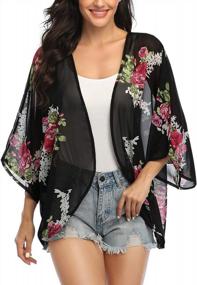 img 4 attached to Women'S 3/4 Sleeve Floral Kimono Cardigan | Sheer Loose Shawl Capes | Chiffon Beach Cover-Up Blouse Tops