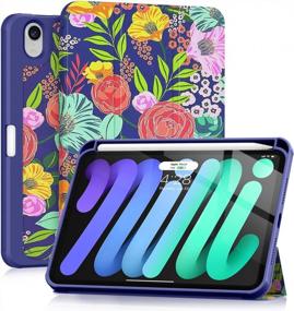 img 4 attached to Slim Shockproof Case For IPad Mini 6 2021 (8.3 Inch) - Built-In Pencil Holder, Auto Wake/Sleep, Floral Blossom Design