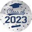 personalized graduation party favor stickers for class of 2023 envelopes and bags - 40 round labels in silver blue - 1.75 inches logo
