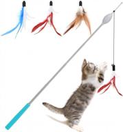 vavopaw cat teaser play wand, retractable interactive cat toys rod, one-button for automatic rise & fall, funny cat kitty kitten play wand toys with 3 different flying natural feathers bells logo