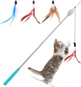 img 4 attached to VavoPaw Cat Teaser Play Wand, Retractable Interactive Cat Toys Rod, One-Button For Automatic Rise & Fall, Funny Cat Kitty Kitten Play Wand Toys With 3 Different Flying Natural Feathers Bells