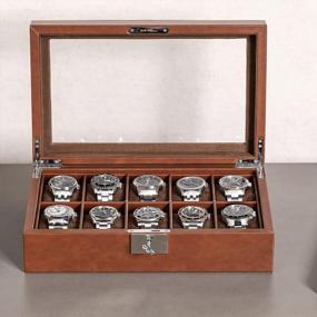 img 2 attached to ROTHWELL 10 Slot Leather Watch Box - Premium Watch Case for Men and Women - Stylish Jewelry Organizer with Locking Feature - Large Glass Top Display - Tan/Brown