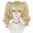 women's blonde wavy synthetic cosplay wig with ponytails, bangs & pigtails for halloween, comic con & christmas parties logo