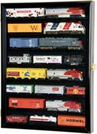 small ho scale train model locomotive engine display case cabinet wall rack with 98% uv lockable (black wood finish) by sfdisplay.com, llc logo