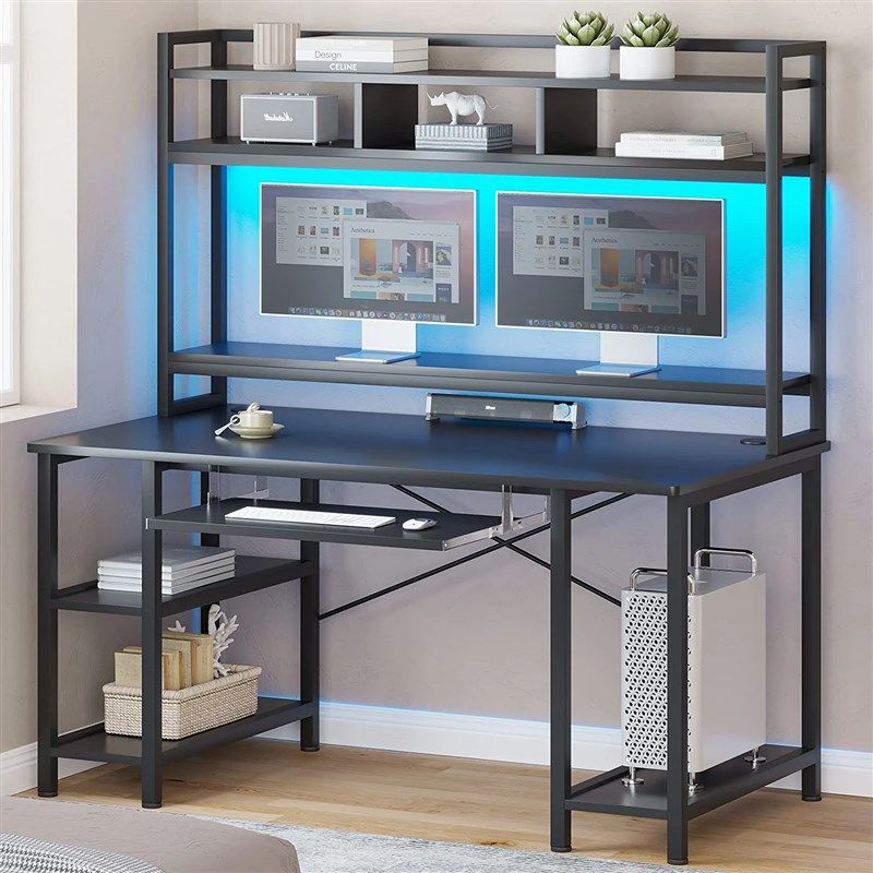 78.8 Inches Gaming Desk with LED Lights, Computer Desk with Hutch and  Storage Shelves, Ergonomic Computer Desk, Black 