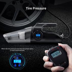 img 1 attached to iSUNLED 4-in-1 Car Vacuum Cleaner Tire Inflator with LCD Display and LED Light, Cordless Handheld Vacuum for Wet/Dry Cleaning, Car/Home Dual Use, USB Portable Vacuum Cleaner with 12V DC Air Compressor Pump