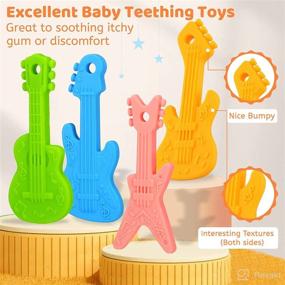 img 2 attached to Baby Teething Toys for 0-6 Months and 6-12 Months, Set of 4 Guitar Shaped Silicone Teether Toys with 2 Pacifier Clips, Soothes Infant Sore Gums, Chew Toy Perfect for Newborn Boys and Girls - Made of Food Grade Silicone