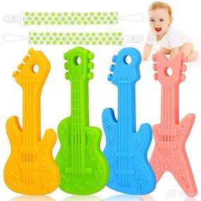 img 4 attached to Baby Teething Toys for 0-6 Months and 6-12 Months, Set of 4 Guitar Shaped Silicone Teether Toys with 2 Pacifier Clips, Soothes Infant Sore Gums, Chew Toy Perfect for Newborn Boys and Girls - Made of Food Grade Silicone