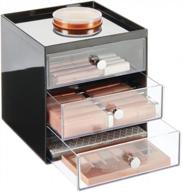 mdesign makeup organizer storage station cube with 3 drawers for bathroom vanity, cabinet, countertops - holds lip gloss, eyeshadow palettes, brushes, blush, mascara - black/clear logo