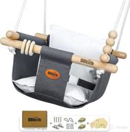 👶 bbkids grey canvas baby swing with safety belt - indoor & outdoor, wooden hammock hanging swing seat chair for kids and toddlers – complete with ceiling screws logo