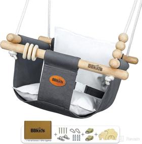 img 4 attached to 👶 BBkids Grey Canvas Baby Swing with Safety Belt - Indoor & Outdoor, Wooden Hammock Hanging Swing Seat Chair for Kids and Toddlers – Complete with Ceiling Screws
