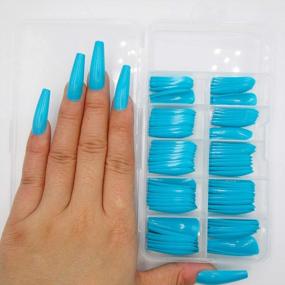 img 1 attached to Blue Long Ballerina Press-On Nails - 100-Piece Colored Coffin Shaped False Tips For Women And Teen Girls