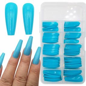 img 4 attached to Blue Long Ballerina Press-On Nails - 100-Piece Colored Coffin Shaped False Tips For Women And Teen Girls