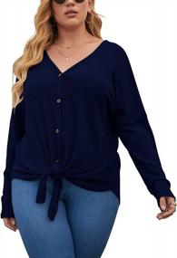 img 2 attached to Waffle Knit Button Down Cardigan With Hem Tie Knot For Plus Size Women - Loose Bat Wing Shirts With Long Sleeves - Xpenyo