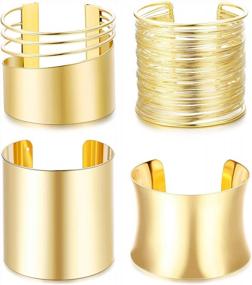 img 3 attached to Набор из 4 гладких и рифленых открытых широких браслетов-манжет для женщин, регулируемые модные украшения с золотым и серебряным покрытием от CASSIECA