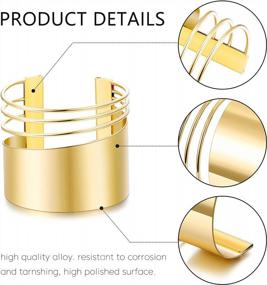 img 2 attached to Set Of 4 Smooth And Grooved Open Wide Cuff Bangle Bracelets For Women, Adjustable Gold And Silver-Tone Plated Fashion Jewelry By CASSIECA