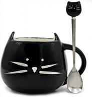 🐱 teagas cute cat mug 12 oz - adorable black kitty ceramic mug with cute cat spoon, perfect gift for crazy cat lady логотип