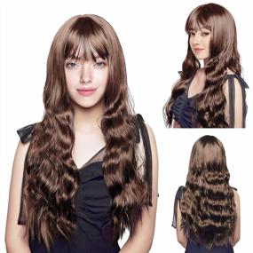 img 4 attached to Lolalet Long Wavy Wig With Bangs And 2 Pcs Wig Caps For Women, 27.5" Heat Resistant Synthetic Silky Hair Replacement Wig - Natural Looking Curly Hair For Cosplay Party Halloween -Lightbrown
