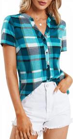 img 4 attached to Plaid V Neck Short Sleeve Button Down Summer Shirts For Women - Perfect Casual Tops