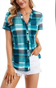 img 2 attached to Plaid V Neck Short Sleeve Button Down Summer Shirts For Women - Perfect Casual Tops