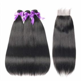 img 3 attached to Brazilian Virgin Human Hair Bundles With Closure - 3 Straight Hair Bundles & 4X4 Lace Closure - Free Part - Natural Black - Lengths 26 28 30 + 20 Closure - ALLRUN Hair Extensions