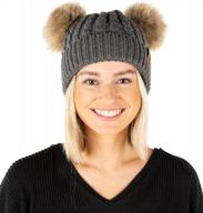 women's cable knit double pom pom beanie winter hat with faux fur logo