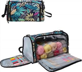 img 4 attached to Looen Knitting Bag Большая сумка-органайзер для хранения пряжи с плечевой полосой, застежкой-молнией для удобной переноски и хранения - Blue Leaves